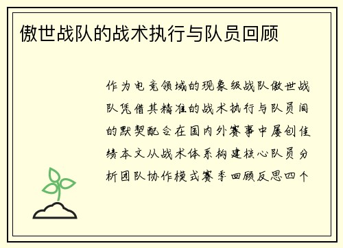 傲世战队的战术执行与队员回顾