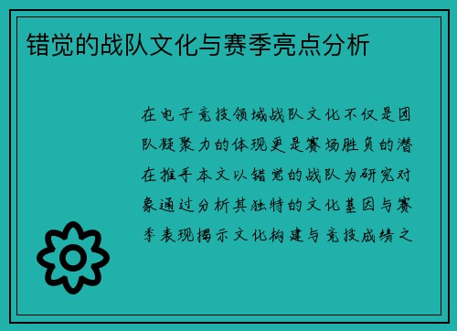 错觉的战队文化与赛季亮点分析