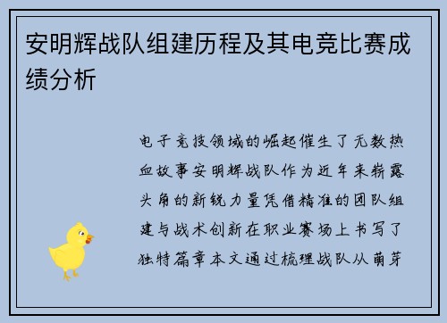 安明辉战队组建历程及其电竞比赛成绩分析